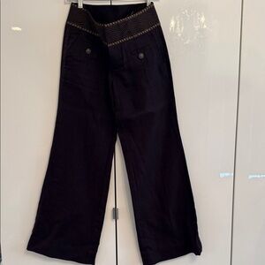 Anthropologie Idra Plum Wide Leg Pants with Embroidered Waistband 100% Linen